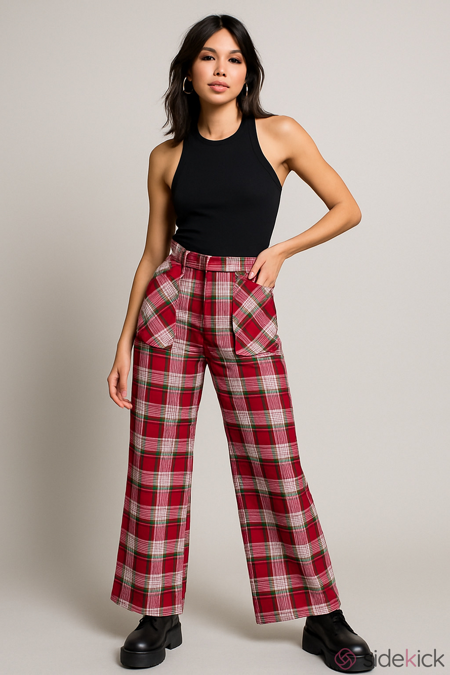 Kmart Vintage Wide Leg Pants Red Plaid Utility Pockets Stretch 27